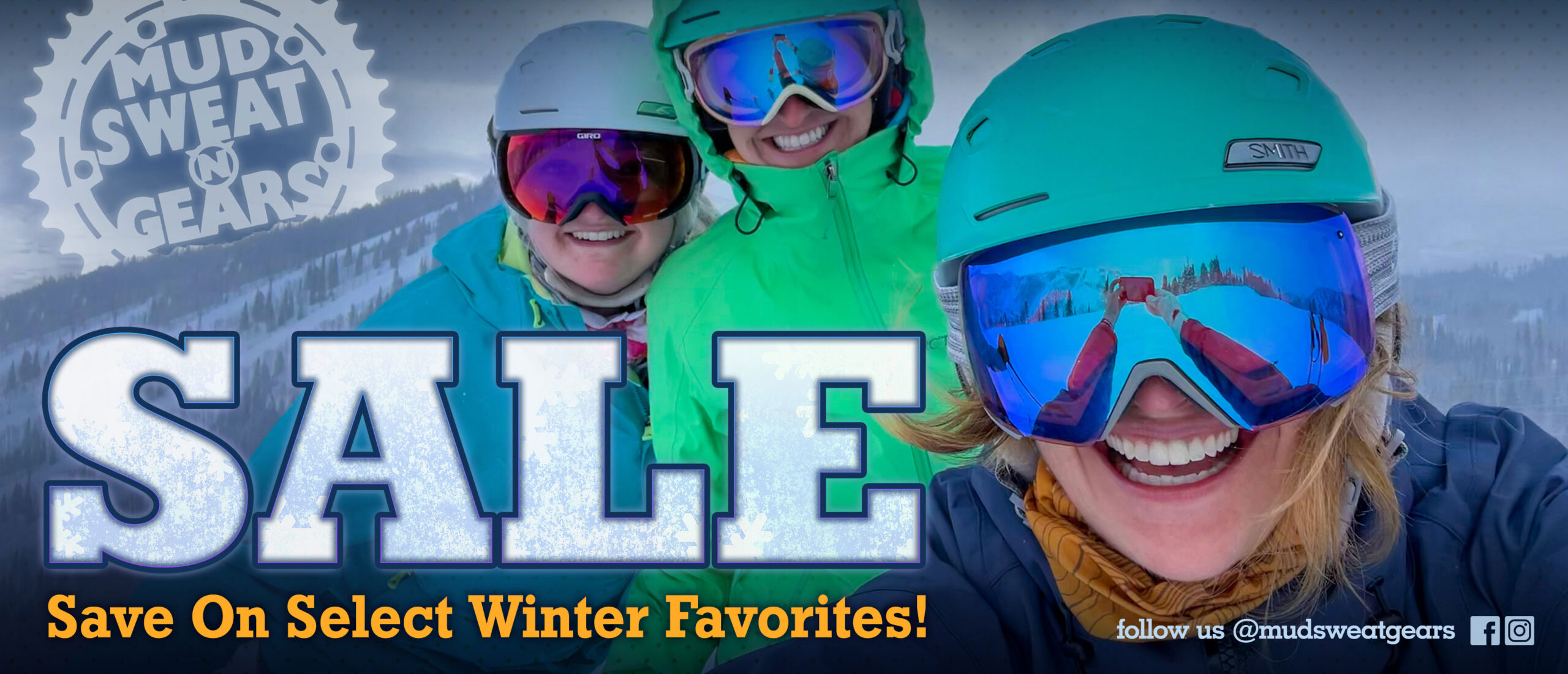 Sale! Close up of three women skiers smiling on a mountain top.