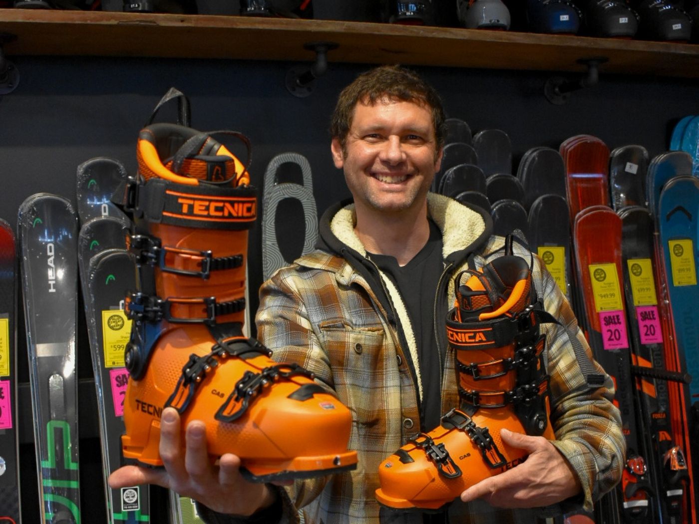 Custom ski bootfitting service at Mud, Sweat n’ Gears ski shop in Ellicottville, NY.
